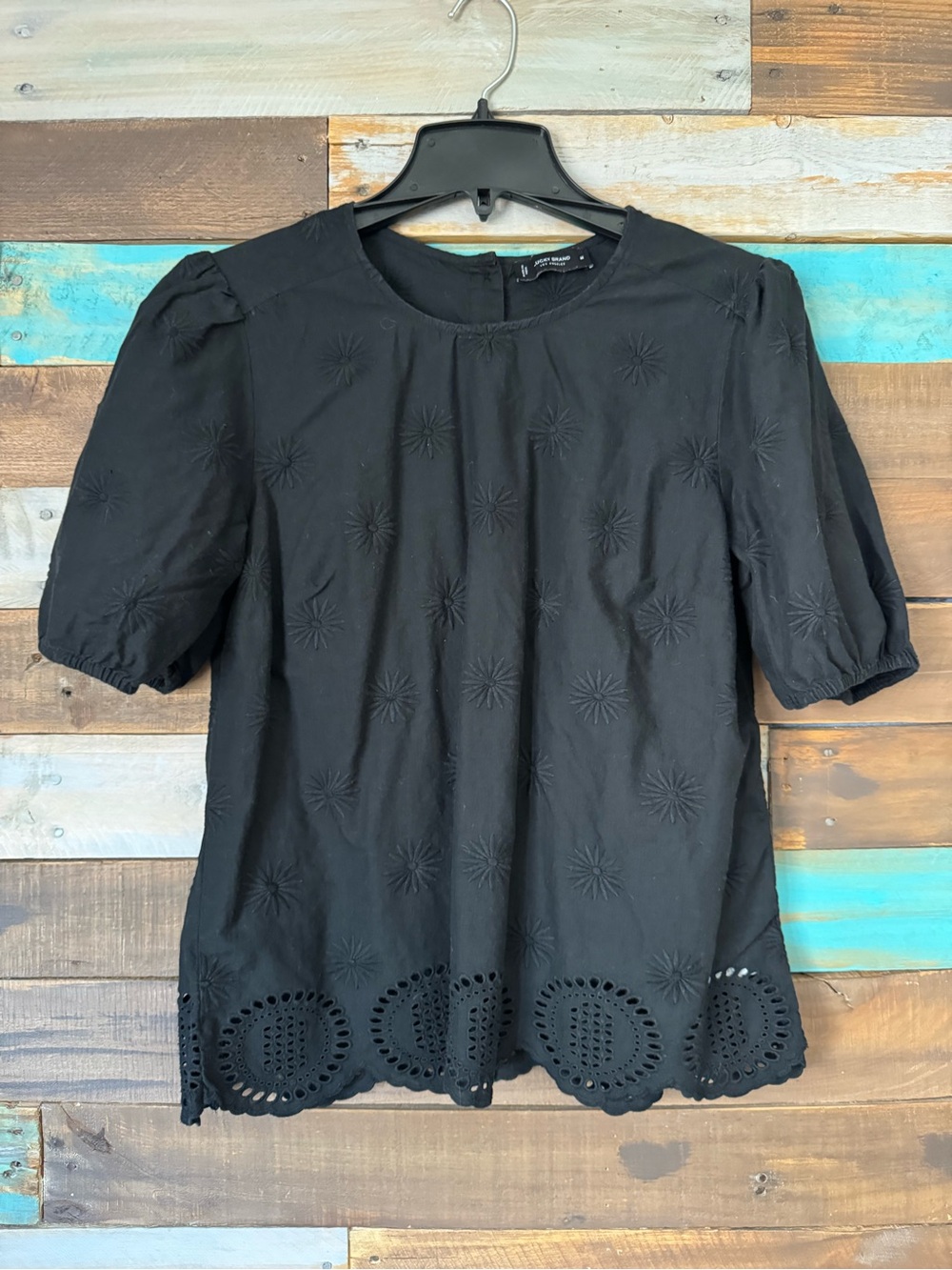 Lucky Brand Black Eyelet Embroidered Puff Sleeve Boho Peasant Blouse | Size M